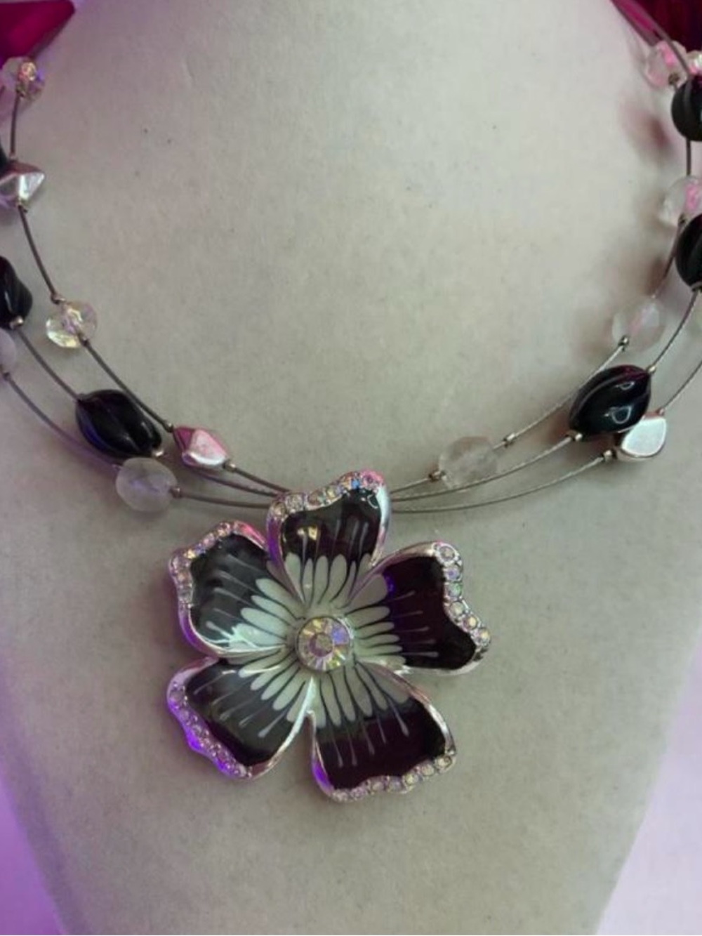 Kenneth Cole Black and Silver Flower Pendant Multi-Strand Necklace (Z-1)
